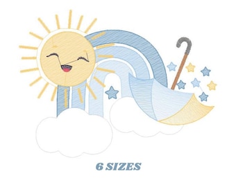 虹の刺繍デザイン - 太陽、雲、星の機械刺繍パターン - 女の子と男の子
