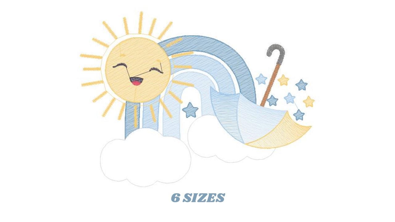 虹の刺繍デザイン - 太陽、雲、星の機械刺繍パターン - 女の子と男の子