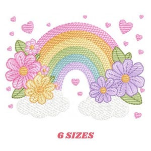 Może przedstawiać: Haftowany wzór przedstawiający kolorową tęczę z różowymi, żółtymi i fioletowymi kwiatami, zielonymi liśćmi i różowymi sercami. Tekst "6 SIZES" jest wyświetlany na czerwono. Idealny do projektów rzemieślniczych.