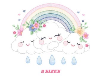 Rainbow Cloud Machine Embroidery Design – Flowers, Baby Girl File (Digital Download PES)