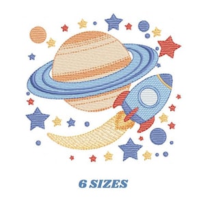 May include: An embroidered design featuring a planet with rings, a rocket ship, stars, and planets in shades of blue, orange, and red. The text "6 SIZES" is displayed below the design.