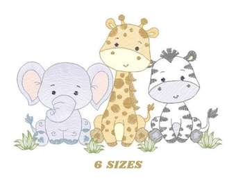 Stickmuster mit Safari-Tieren – Elefant, Giraffe, Zebra (Maschinendatei zum digitalen Download)