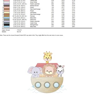 May include: A colorful embroidery design of a boat with animals, including a giraffe, lion, zebra, and elephant. The design is titled "arco saf" and is 4.46 inches by 4.75 inches.
