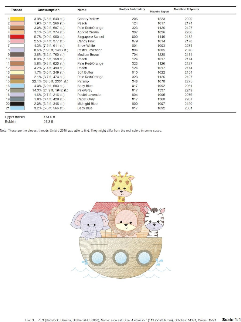 May include: A colorful embroidery design of a boat with animals, including a giraffe, lion, zebra, and elephant. The design is titled "arco saf" and is 4.46 inches by 4.75 inches.