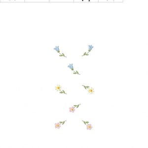 May include: An embroidery design featuring stylized floral elements. The design includes blue bellflowers, white and yellow daisies, and pink flowers with green stems. The color palette includes olive green, winter sky, soft butter, piggy pink, and yellow gold.