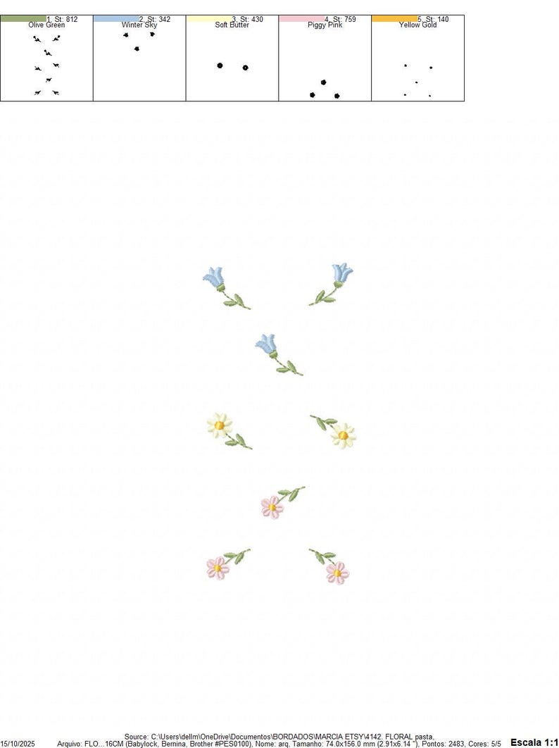 May include: An embroidery design featuring stylized floral elements. The design includes blue bellflowers, white and yellow daisies, and pink flowers with green stems. The color palette includes olive green, winter sky, soft butter, piggy pink, and yellow gold.