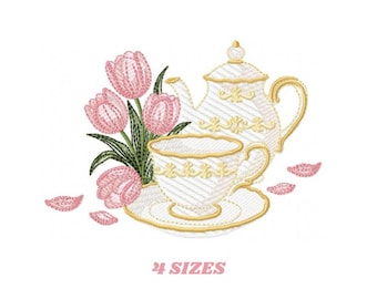 Teapot with cup and plate with flowers embroidery design - Teacup with flowers machine embroidery pattern - Kitchen Towel - Instant download