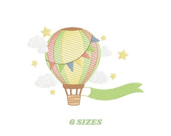 Hot Air Balloon Embroidery Design - Sky Clouds Stars (Digital Download)