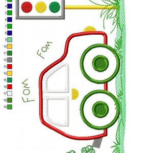 Stitch chart variant showing green inner wheel fills, thread palette at left, boy car applique pattern with grass and traffic light