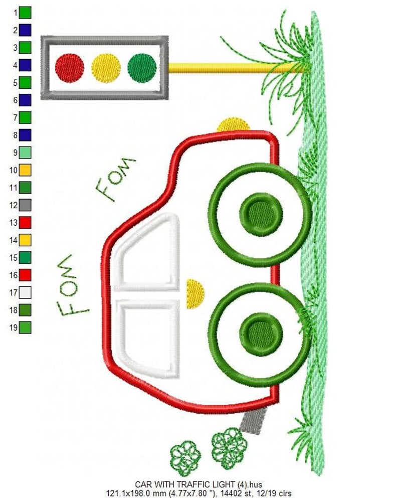Stitch chart variant showing green inner wheel fills, thread palette at left, boy car applique pattern with grass and traffic light