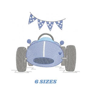 May include: Embroidered design of a light blue race car with gray tires and a checkered flag banner. The text "6 SIZES" is below the car. This design is suitable for various craft projects.