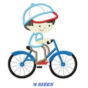 Boy on bike applique embroidery design, machine embroidery pattern, 4 size digital download