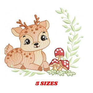 Diseño de bordado de ciervo con hongos - Patrón de bordado a máquina de ciervo cervatillo Animal del bosque con marco de laurel - Descarga instantánea pes jef dst