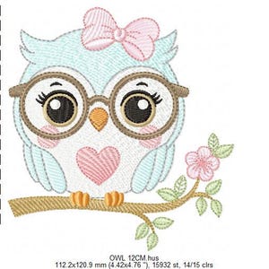 以下が含まれることがあります： メガネとピンクのリボンをつけた可愛いフクロウの刺繍デザイン。フクロウは胸にハートがあり、花のある枝にとまっています。デザインは青、ピンク、茶色、緑の色合いを使用しています。サイズは11.2cm x 12.1cmです。