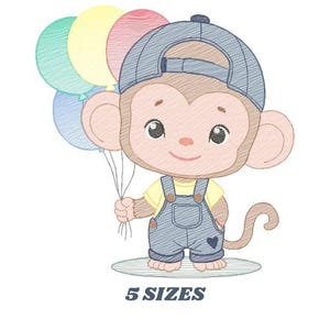 May include: A cartoon monkey wearing a blue denim cap and overalls holds a bunch of colorful balloons. The monkey is smiling and has a heart on its overalls.