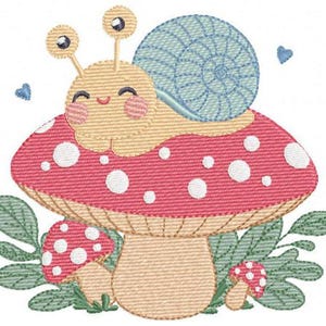 Snail on Mushroom Embroidery Design - Magical Garden File (Instant Download)