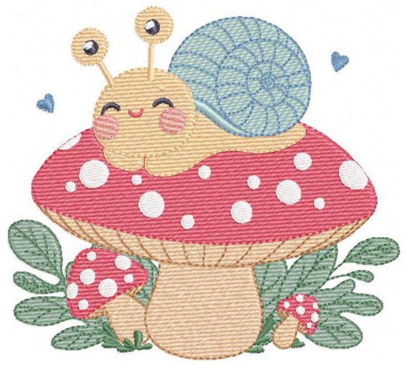 Snail on Mushroom Embroidery Design - Magical Garden File (Instant Download)