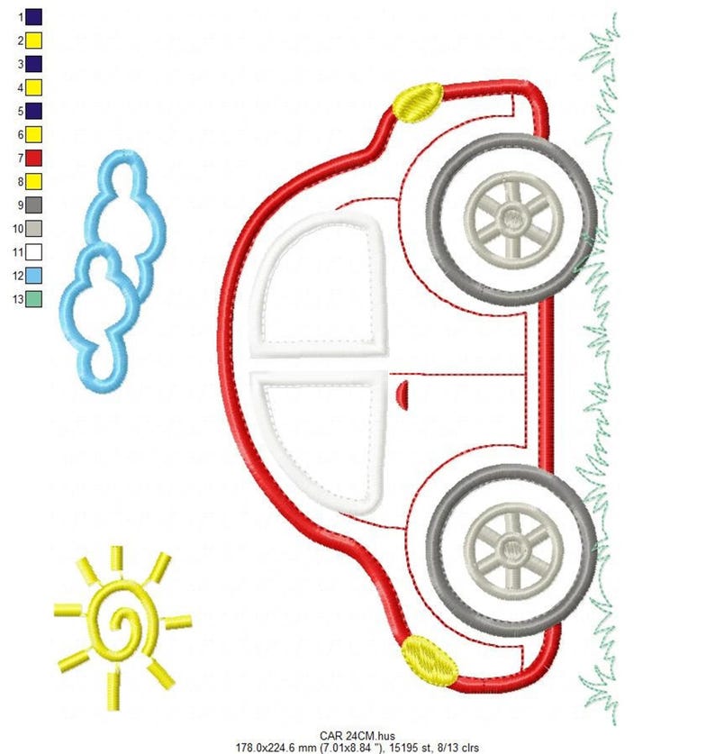 Cartoon Car Applique Embroidery Design – Vehicle Machine Embroidery File (Digital Download)