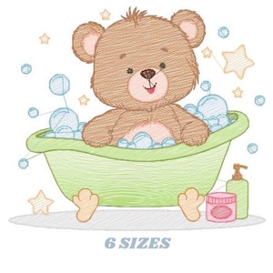 May include: A brown teddy bear sitting in a green bathtub with blue and white bubbles. There are stars and bubbles in the background. The bear is smiling and has a pink nose. There is a pink jar and a green bottle of soap next to the bathtub.