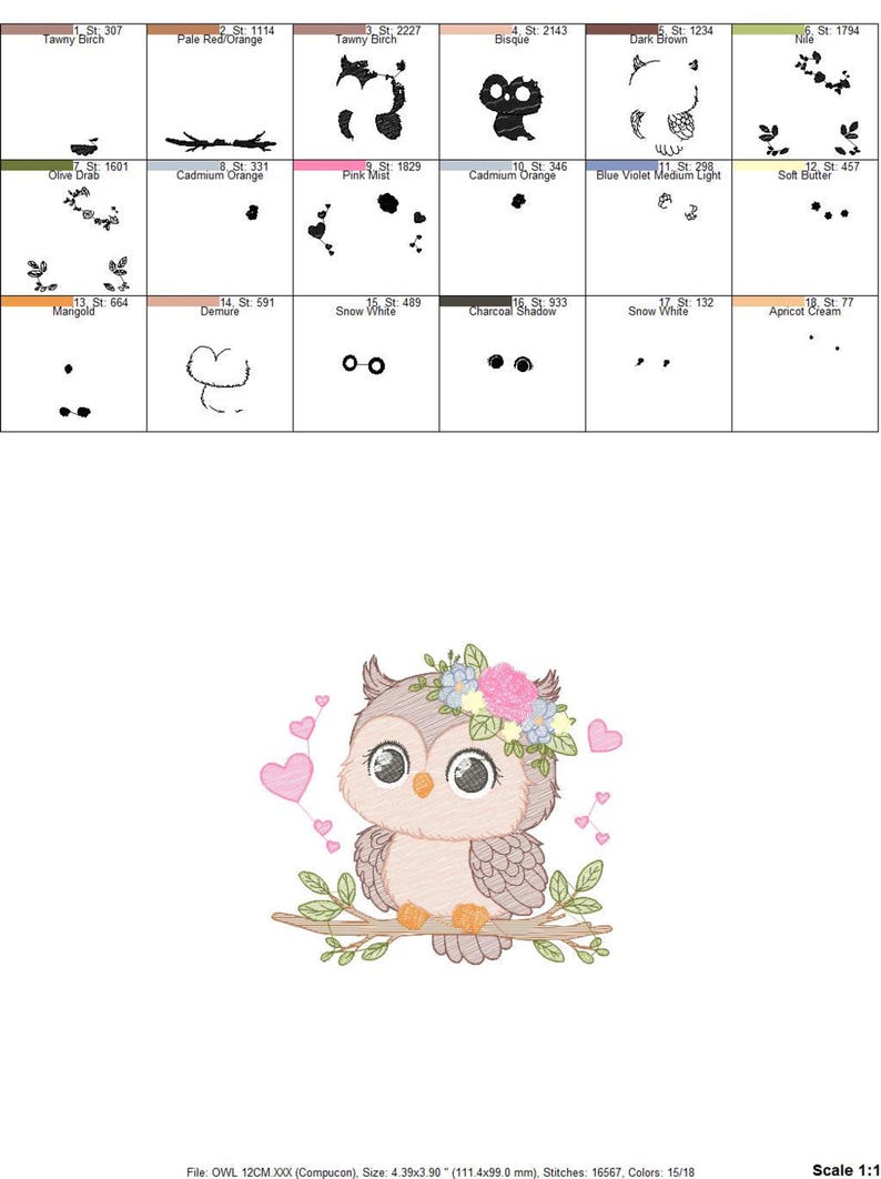Floral Owl Machine Embroidery Design - RIPPLED, 6 Sizes (Instant Download)