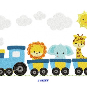 May include: A blue train with a yellow, orange, and blue lion, a blue elephant, and a yellow and brown giraffe. The train is on a green grassy surface with white clouds and a yellow sun in the background. The text "5 SIZES" is below the train.