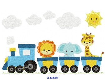 Safari Animal Train Embroidery Design - Lion, Elephant, Giraffe (PES)