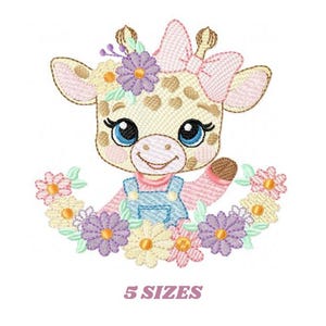 May include: Embroidered design of a cute giraffe with a pink bow and floral wreath. The giraffe is wearing a blue and pink overall. The design is available in 5 sizes.