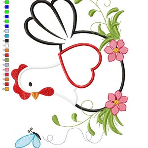 May include: A white chicken with a red comb and wattle, a black wing, and a red heart-shaped body. The chicken is surrounded by green vines with pink flowers and a blue butterfly.