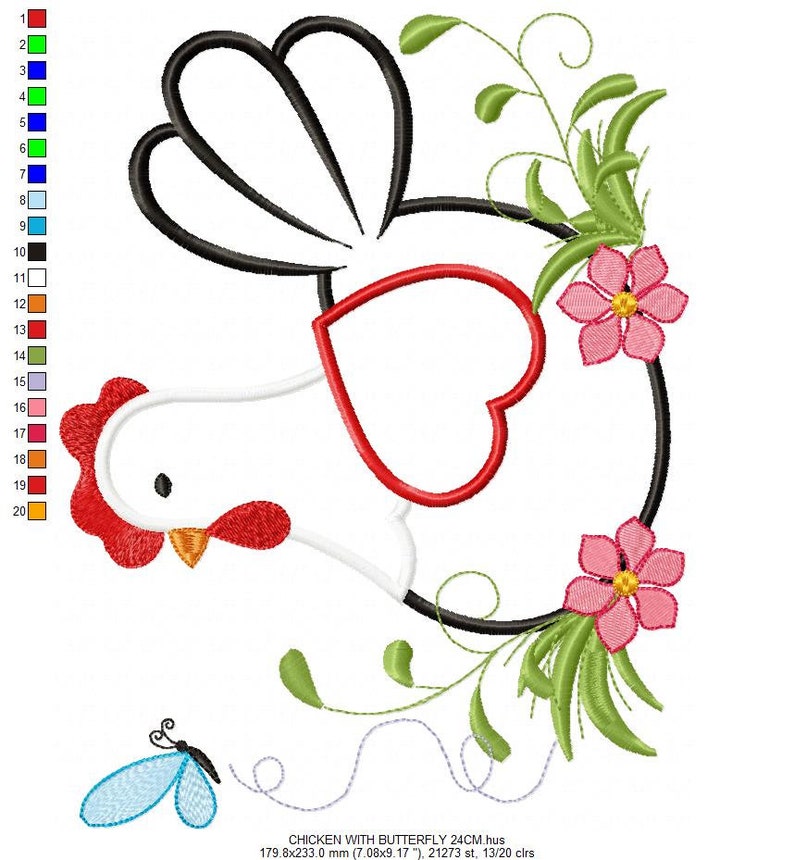 May include: A white chicken with a red comb and wattle, a black wing, and a red heart-shaped body. The chicken is surrounded by green vines with pink flowers and a blue butterfly.
