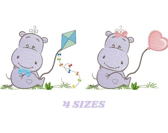 Hippo embroidery designs - Safari embroidery design machine embroidery pattern - Animal embroidery file - hippo with balloon baby girl boy