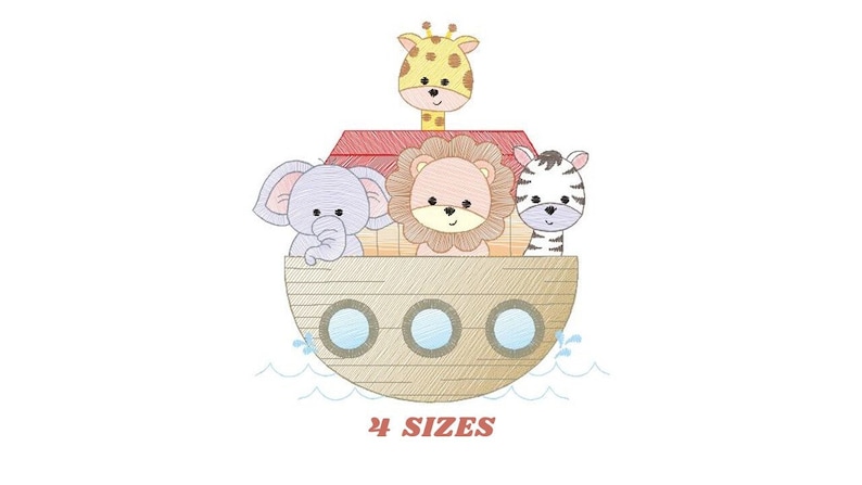 May include: A cartoon illustration of a wooden ark with a red roof, carrying a lion, a zebra, an elephant, and a giraffe. The ark is floating on blue water with white waves. The text "4 SIZES" is below the ark.