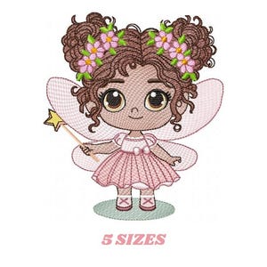 May include: An embroidered design of a cartoon fairy with brown hair styled in two buns, adorned with pink flowers. She wears a pink dress, shoes, and has matching wings. She holds a gold star wand. The text "5 SIZES" is below the fairy.