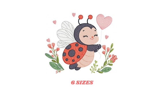 Ladybug Embroidery Design - Garden Animal, Heart & Flowers (Instant Download)