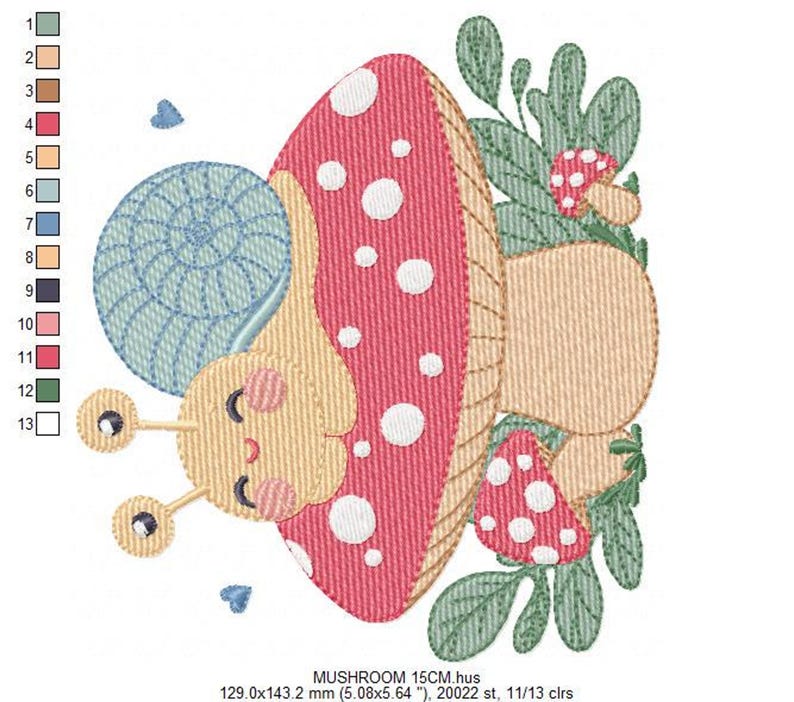 Snail on Mushroom Embroidery Design - Magical Garden File (Instant Download)