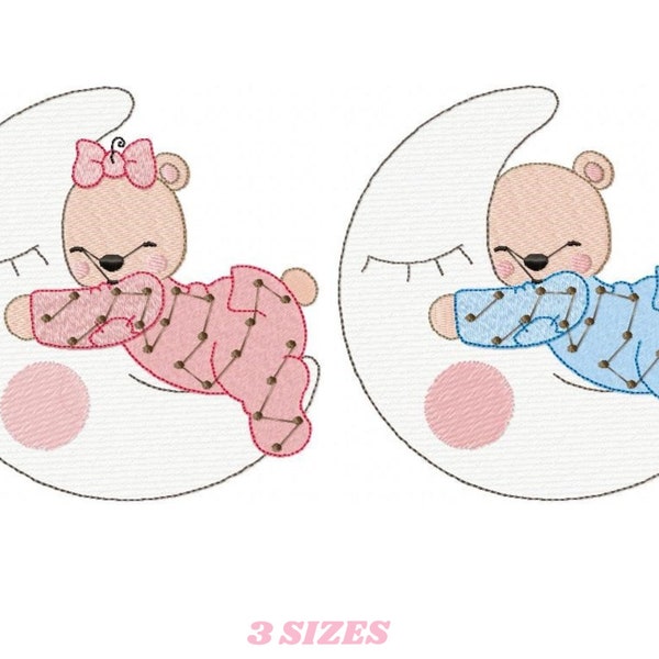 Bear embroidery designs - Teddy embroidery design machine embroidery pattern - baby girl embroidery file - bear sleeping in the moon boy pes