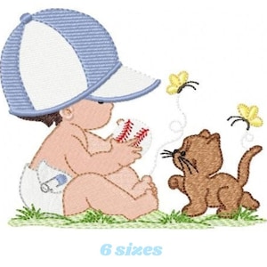 Borduurpatroon jongen met kat – Baby, honkbal, vlinders (digitale download)