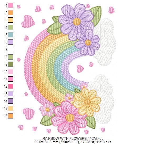 Rainbow With Flowers Embroidery Design - Colorful Rainbow With Hearts ...