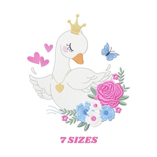 Schwan-Stickmuster – Baby-Mädchen-Blumengans (Digitale Datei)