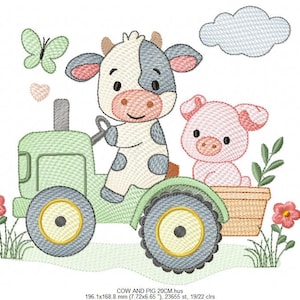 K&ouml;nnte beinhalten: Ein skurriles Stickdesign mit einer Kuh, die einen gr&uuml;nen Traktor f&auml;hrt, mit einem Schwein als Beifahrer. Ein Schmetterling, ein Herz, Blumen und eine Wolke vervollst&auml;ndigen die Bauernhofszene. Das Design misst 19,6 x 16,9 cm.