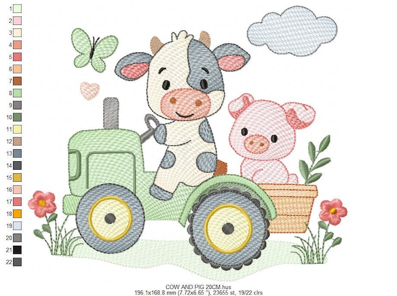 K&ouml;nnte beinhalten: Ein skurriles Stickdesign mit einer Kuh, die einen gr&uuml;nen Traktor f&auml;hrt, mit einem Schwein als Beifahrer. Ein Schmetterling, ein Herz, Blumen und eine Wolke vervollst&auml;ndigen die Bauernhofszene. Das Design misst 19,6 x 16,9 cm.