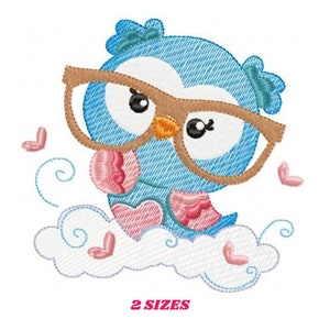 May include: Embroidered design of a blue owl wearing glasses and sitting on a cloud with pink hearts. The design is available in two sizes.