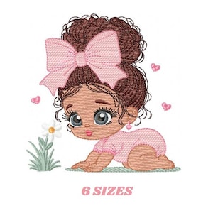 May include: Embroidered design of a baby girl with brown hair and a pink bow, wearing a pink onesie and crawling towards a white flower. The design includes pink hearts and is available in six sizes.