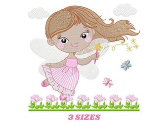 Fairy Girl Machine Embroidery Design, Pink Dress, Garden Flowers (Digital Download)