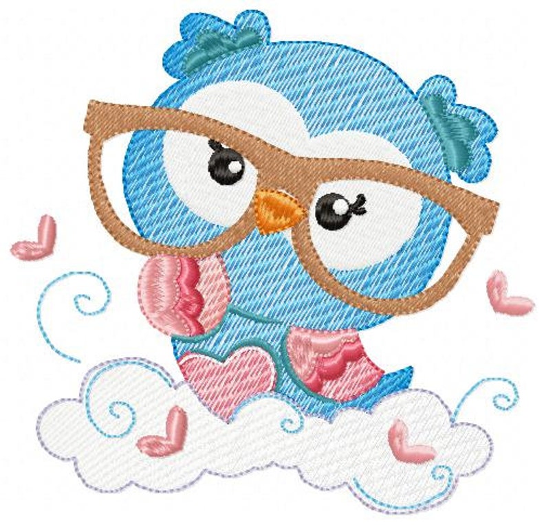 May include: A blue owl wearing glasses and holding a pink heart sits on a white cloud with pink hearts floating around it.