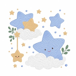 Baby star embroidery design, clouds machine file, soft pastel stars, crib bedding design