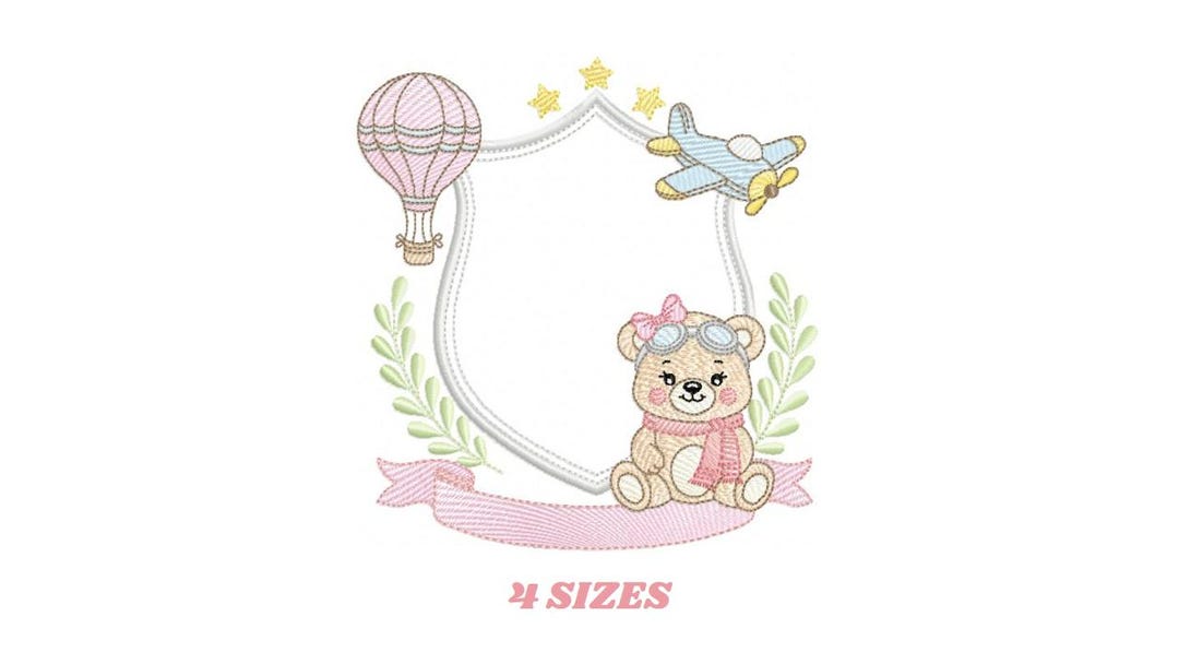 Pilot Bear Embroidery Designs - Baby Girl Aviator With Frame Machine ...
