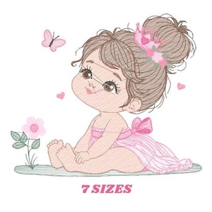 Princess Girl Embroidery Design – Pink Dress, Flowers, Butterflies (Digital Download)