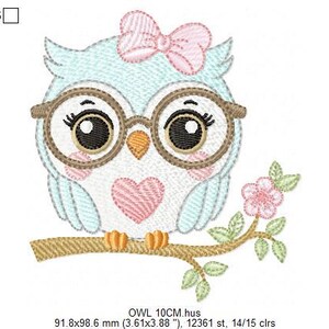 以下が含まれることがあります： 水色の体、メガネ、ピンクのリボンをつけた刺繍のフクロウのデザイン。フクロウは胸にピンクのハートがあり、花のある枝にとまっています。デザインのサイズは91.8 x 98.6 mmです。
