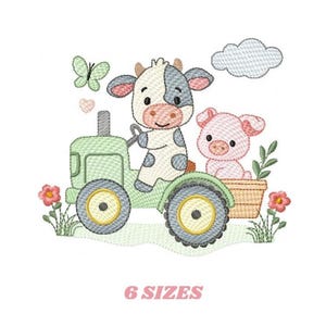 トラクターに乗った牛と豚の刺繍デザイン – 農場動物のパターン（デジタルダウンロード）