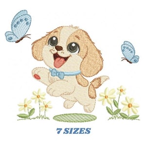 Puede incluir: Diseño bordado de un cachorro de dibujos animados con ojos grandes, que lleva una pajarita azul y corre hacia tres mariposas azules. El cachorro está rodeado de flores amarillas y hierba verde. El texto "7 SIZES" está debajo de la imagen.